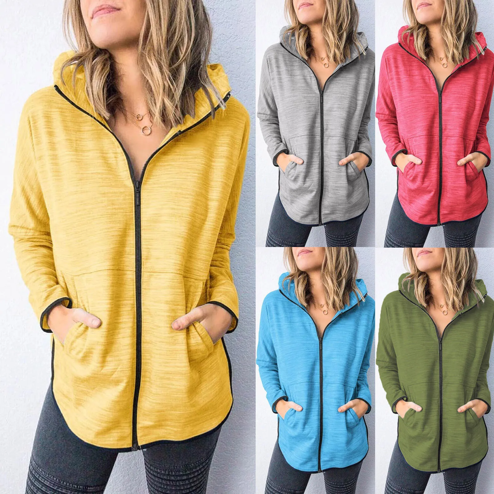 

2021 Hooded Fashion Women Solid Color Zipper Long Sleeve Sport Blouse Tops Hooded Sweatshirt